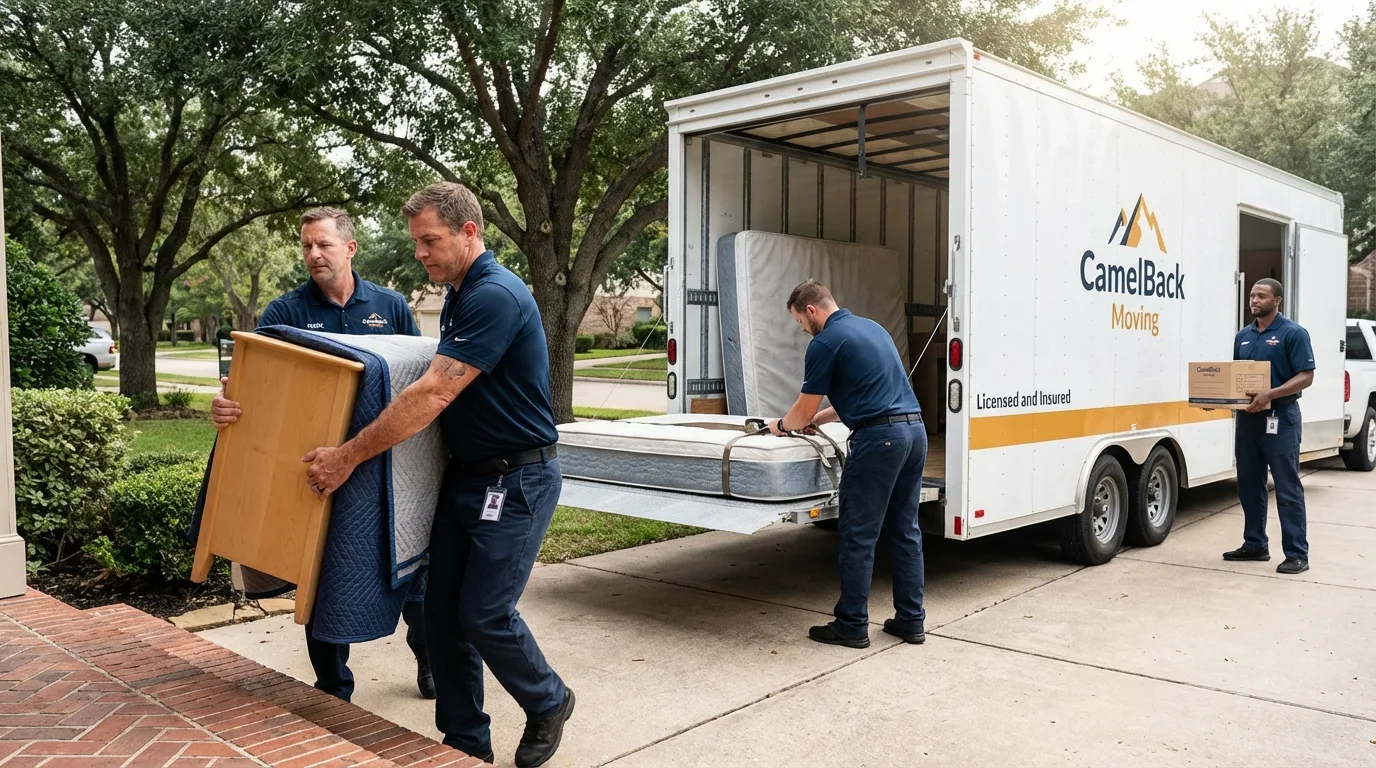 Crew loading residential truck for cross-state move from Daingerfield, TX