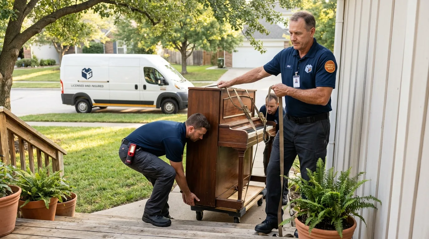Licensed piano movers securing grand piano in Daingerfield, TX