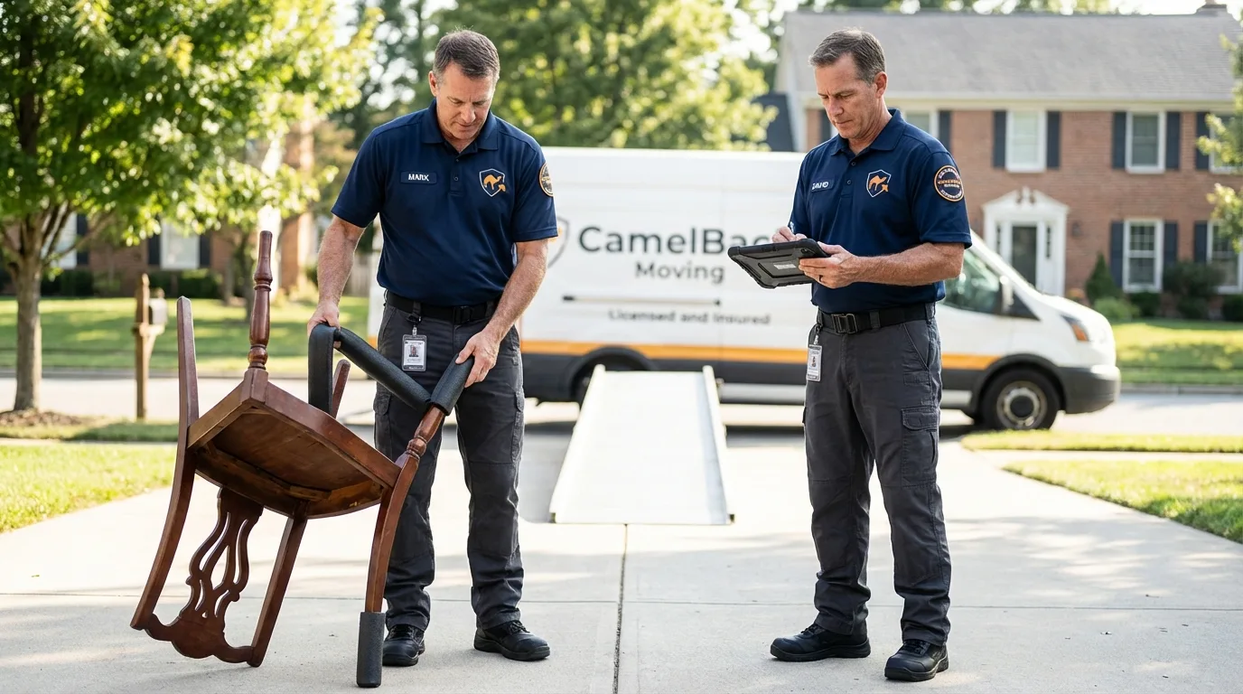 Movers inspecting furniture for damage prevention before loading in Daingerfield, TX