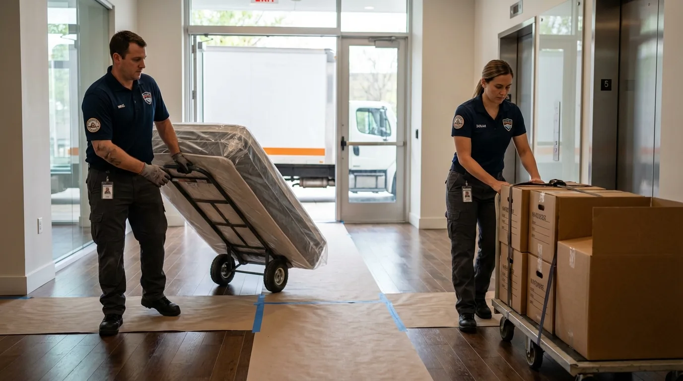 Professional apartment movers loading elevator in Daingerfield, TX